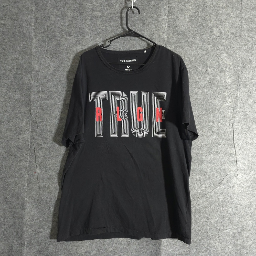 True Religion Shirt Mens Short Sleeve Sz XXL Black Graphic Logo Sports Designer